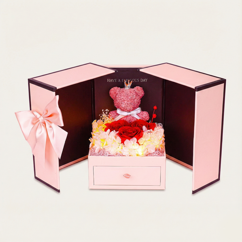 Bear Rose Gift Box – Decorative Packaging with Three Red Roses