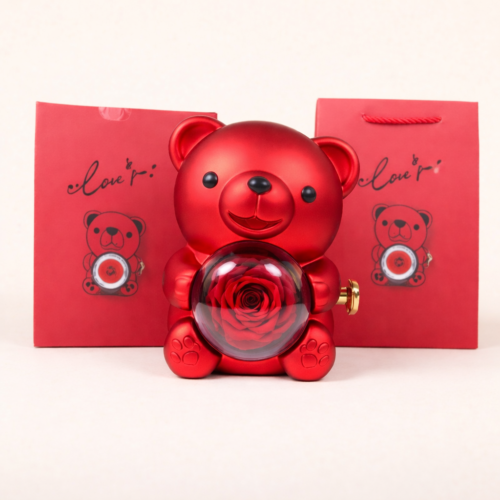 Rotating Bear with Real Preserved Rose – Elegant Gift for Every Occasion