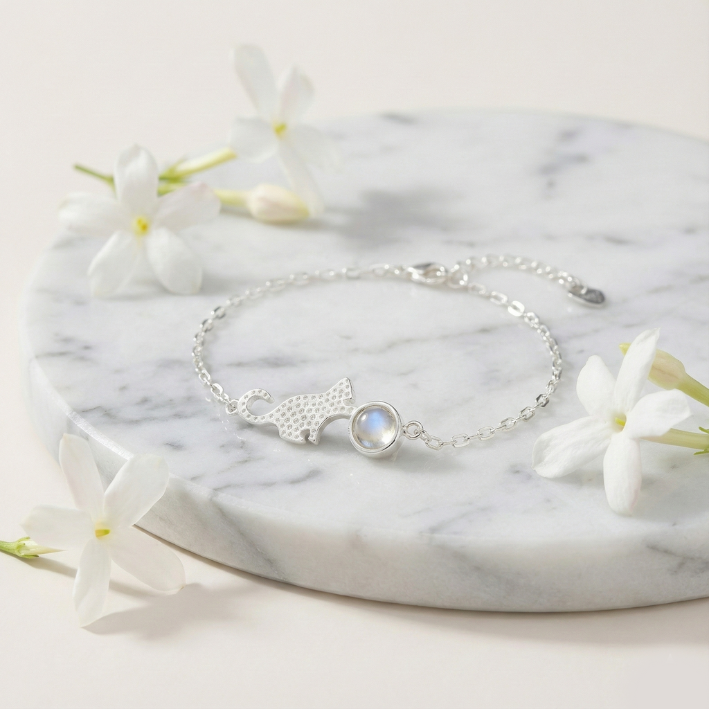 Moonstone Cat Bracelet - Sweet Cat Silver Jewelry