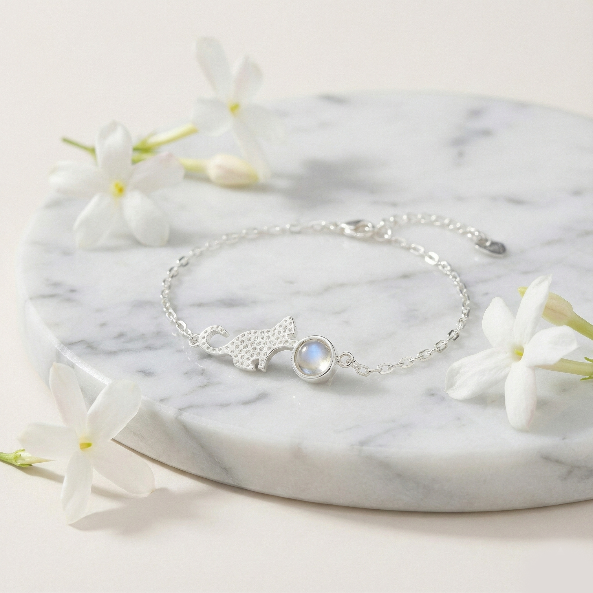 Moonstone Cat Bracelet - Sweet Cat Silver Jewelry