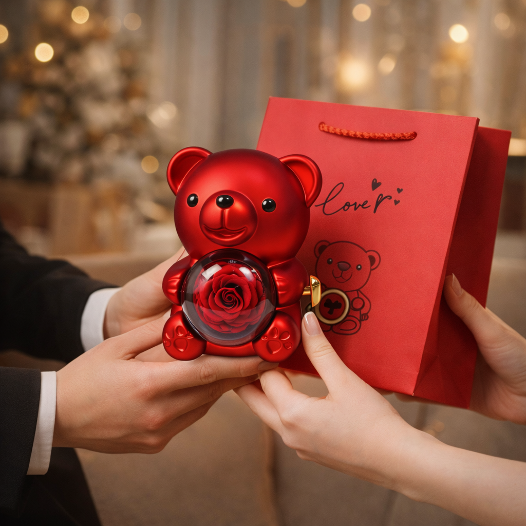 Rotating Bear with Real Preserved Rose – Elegant Gift for Every Occasion