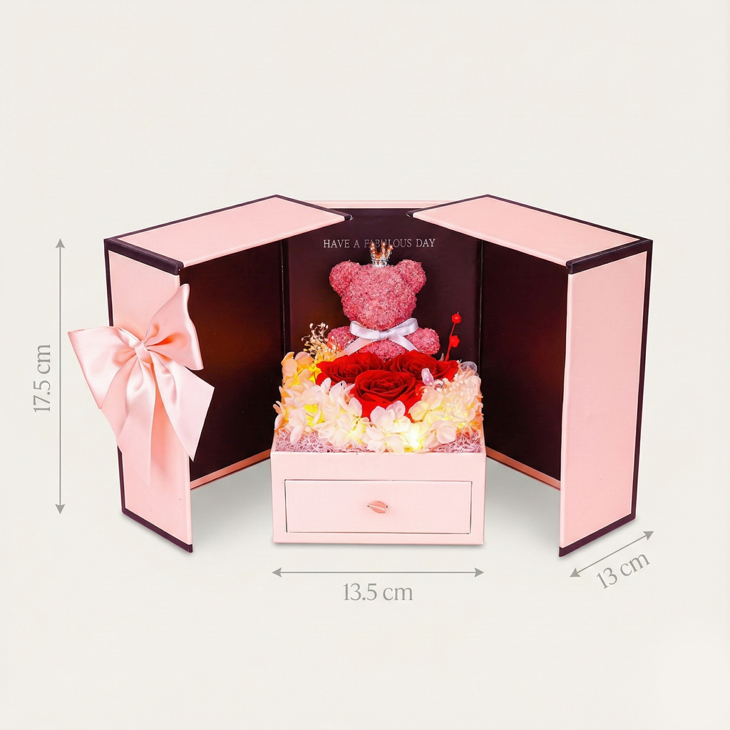 Bear Rose Gift Box – Decorative Packaging with Three Red Roses